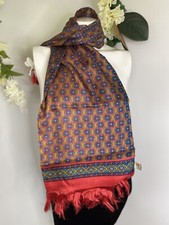 Vintage 100 Silk Rectangular Scarf Japanese Fringe Red Blue Multi 12"x45" NWOT