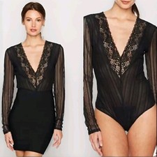 NWT BCBG MAXZARIA CATO V-NECK LACE LS BODYSUIT SZ XXS