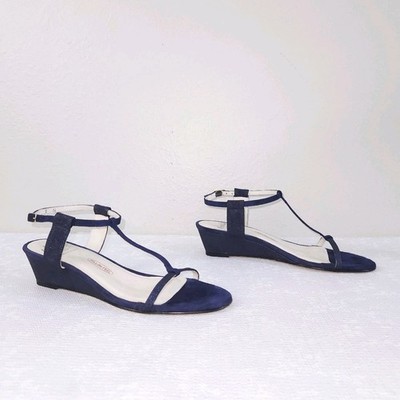 Amalfi Rangoni Sandals Women US 8 N Blue Suede T-Strap Wedge Heeled Strappy Pump