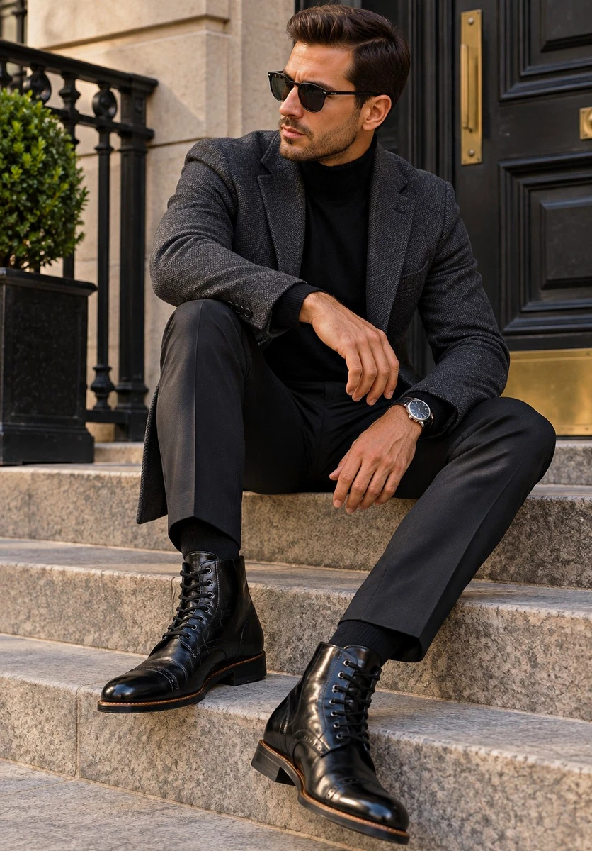 lace up casual dress boots for men Formal for sale live:1-27-25 Style:D030CBLACKNYEL Buy AllSaints White Skylar Men black Design Details