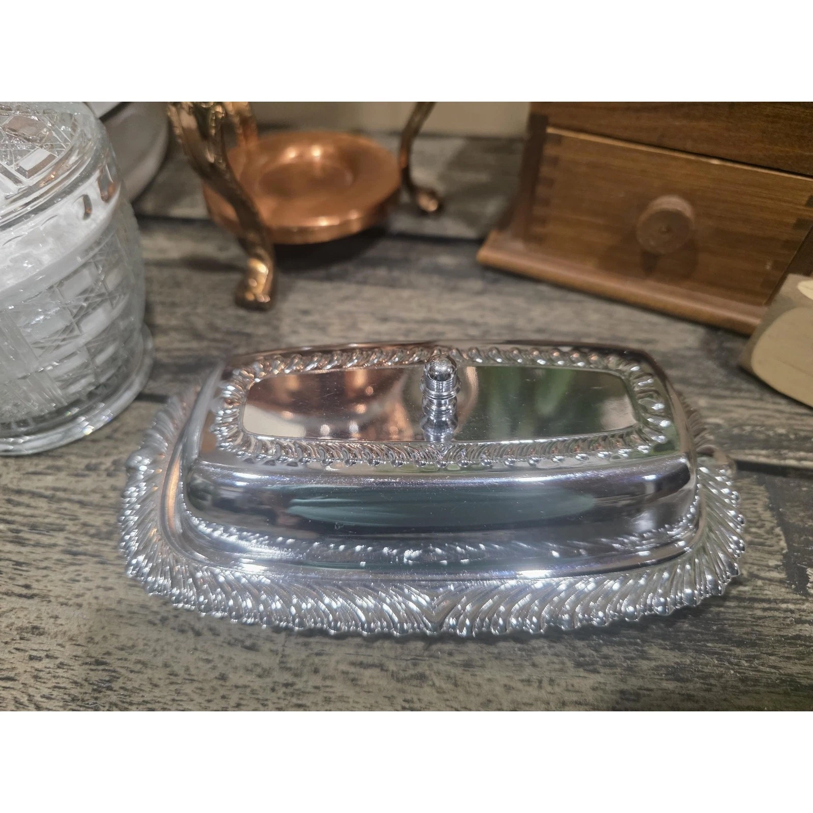 Vintage Homan Silver Plate Butter Dish with Glass Liner - Ornate Feathered Rim