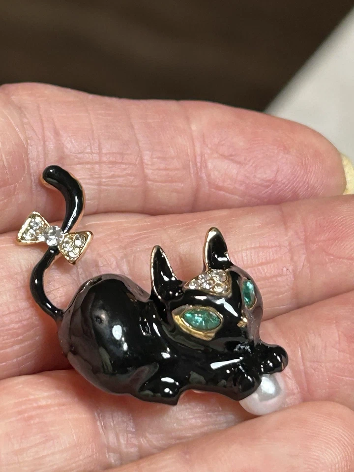 Broche prendedor Betsey Johnson tono dorado cristal estrás gato gatito negro nuevo con etiquetas Foto 2 de 4