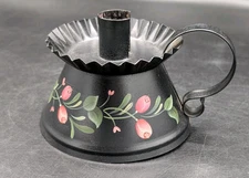 Primitive Toleware Tin Candle Holder hand painted Vintage Signed Edie Dudek 1/94