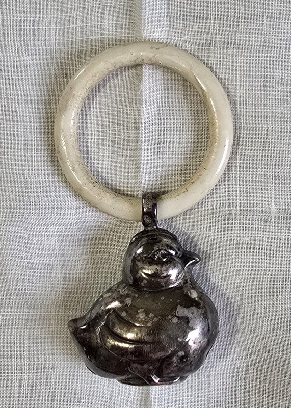 VINTAGE BABY TEETHING RING RATTLE WITH SILVER PLATED BIRD ATTACHED
