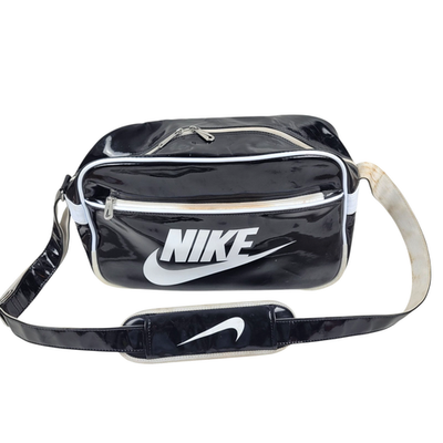 Vintage Nike Swoosh Patent Leather Look Black White Messenger Gym