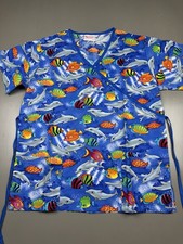 Fashion Scrubs Women's Mock Wrap Scrub Top Size Small V Neck Underwater Tropical