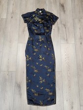 Vintage PEONY BRAND Shanghai Black Floral Silky Satin Coat Robe Dress Size 32