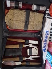 Picknick Set Vintage  Zwilling Ostmann Bambus 1960er Jahre rar Schwarze  LEDER