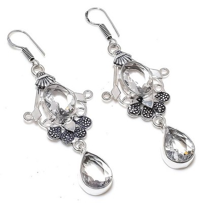 White Topaz Gemstone Handmade 925 Sterling Silver Jewelry Earring Size 2.75''