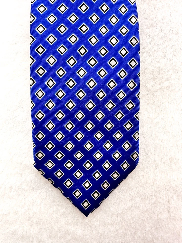 Corbata de seda Etienne Aigner azul patrón de diamantes geométricos vintage azul real nueva con etiquetas Foto 2 de 4