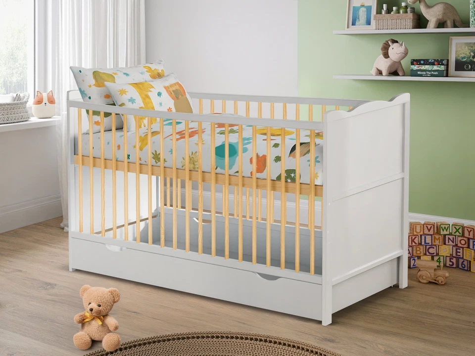 White Baby Cot Bed for Newborn 120x60cm or 140x70cm & Storage Drawer & Mattress - Image 3 of 4