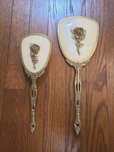Vanity Set Globe 24K Gold Plated Vintage Hand Mirror & Brush