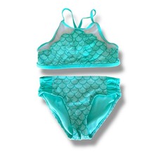 Justice Bikini Girl Size 10 Teal Green Sparkle Fish Scale Mermaid Swim Suit