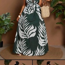 Dark Green White Palm Leaf Tropical Cutout Maxi Dress Summer Vacation Resortwear