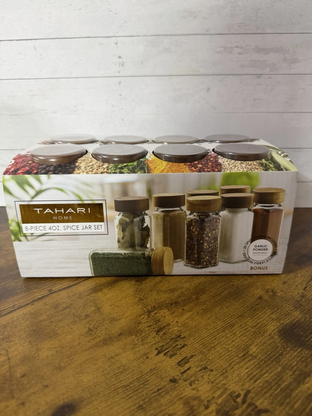 Tahari Home 8 Piece 4oz Glass Spice Jar Set Acacia Lids New Sealed