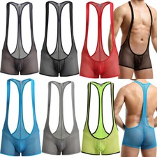 Mens Mesh See Through Boxers Gay Bodysuit Underwear Wrestling Singlet Leotard