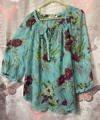 DANIEL RAINN Sheer Popover Floral Top Blouse Plus Size XL Multicolor 3/4 Sleeve