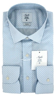 CAMICIA UOMO AGHO CLASSICA CUSTOM FIT BIANCA AZZURRA POIS SHIRT COLLO ITALIANO