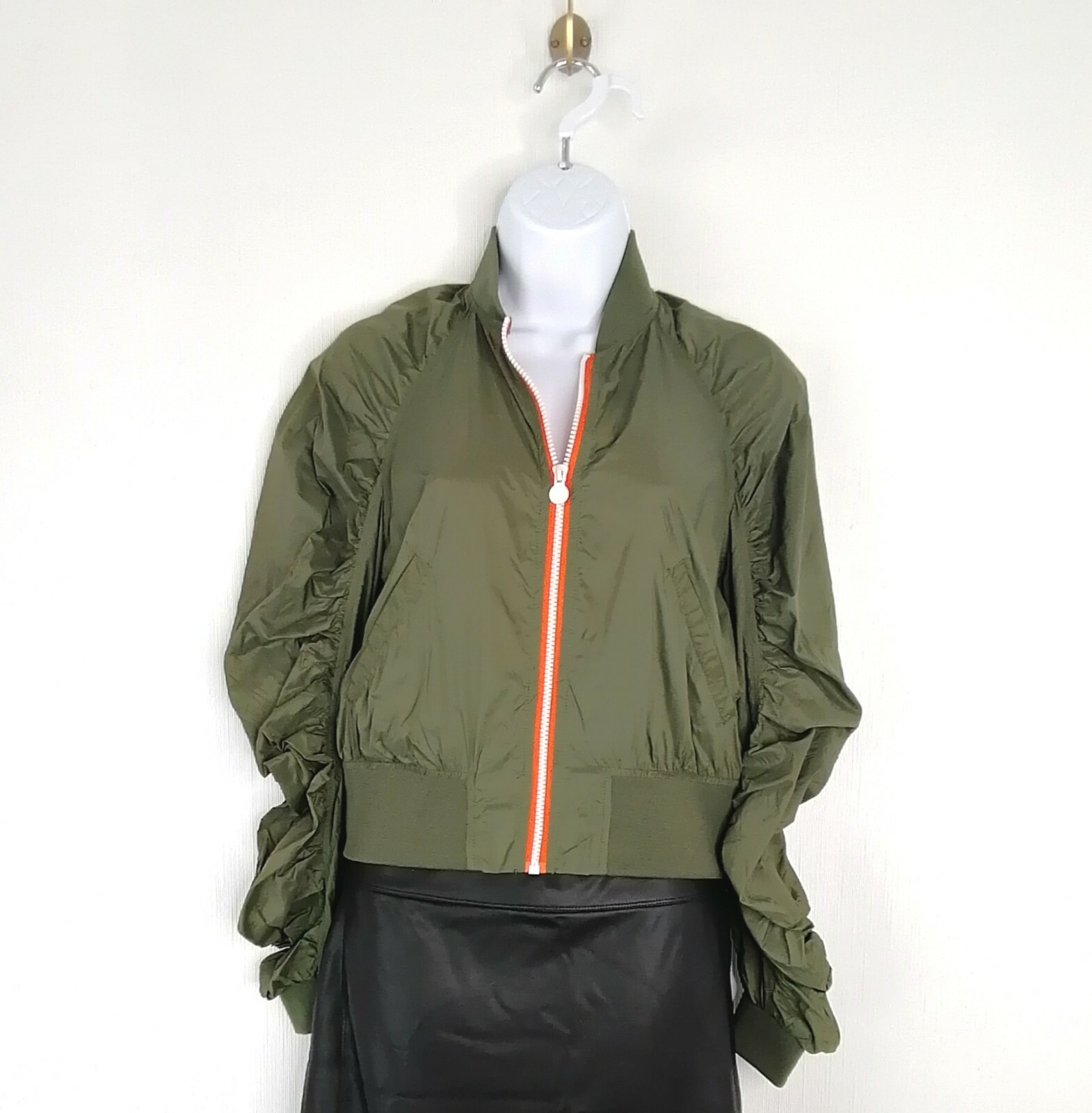 Ruched Sleeve Bomber Jacket Olive Green 