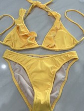 Venus Vintage Vibrant Yellow Metal Logo Bikini Top B  Bottoms 4 Worn 1x