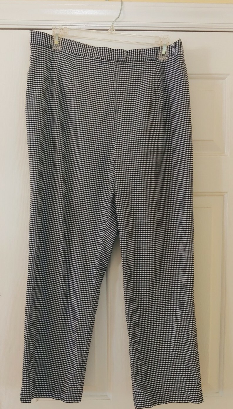 Elana by Tanner Women Navy White Check Stretch Pants 16 Elastic Back 