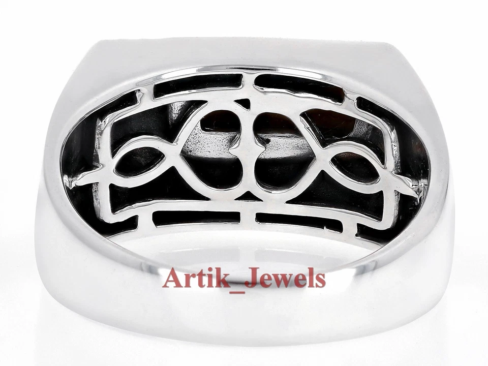 Ojo de tigre natural y esmalte negro con anillo de plata enchapado en oro blanco de 14K para hombre Foto 4 de 4