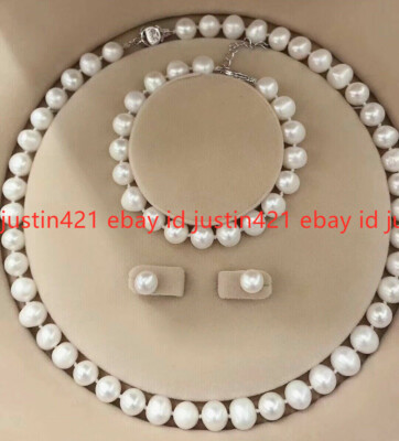  8-9mm Natural White Cultured Pearl Necklace +Bracelet + Earrings Set 18''