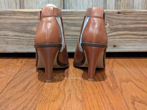Vince Camuto Frasper Buckle T-strap Heeled Sandal Leather Cocoa Biscuit Brown 7M - Picture 4 of 9