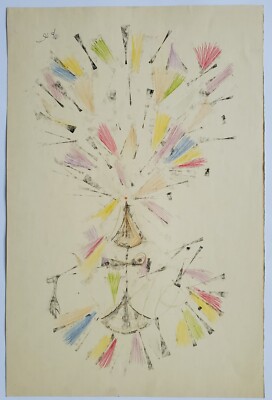 Zeichnung Farbstift Tänzerin Abstrakt Fächer Marie Pospisilova Signiert 1956