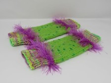 Handcrafted Knitted Legwarmers Green/Violet Fuzzy Female Kids 0-1 Striped