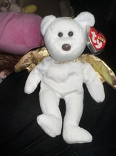 RARE HALO II Angel Bear TY Beanie White Gold Wings Brown Nose PE Pellets 2000