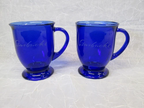 Set 2 STARBUCKS COFFEE Cobalt Blue Footed Mug Cup Etched Anchor Hocking Glass