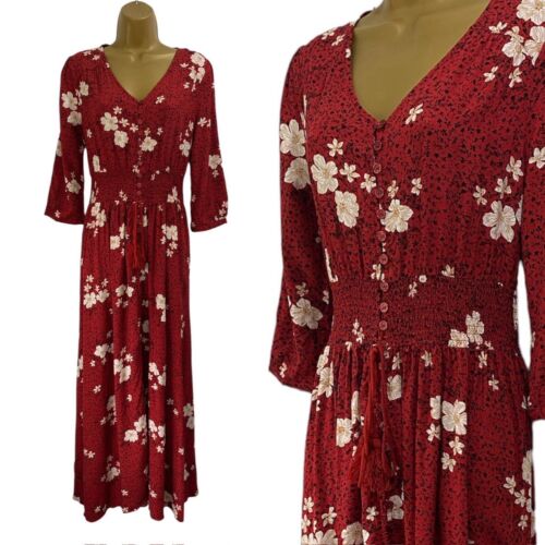 Joe Browns Maxi Dress Womens Size 10 Red Floral 3/4 Sleeve Buttoned Crochet Slit - Picture 1 of 22