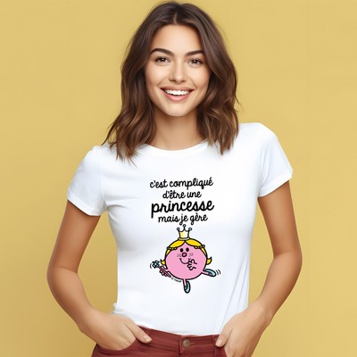 T-shirt femme manches courtes C'EST COMPLIQUÉ D'ÊTRE UNE PRINCESSE couleur blanc