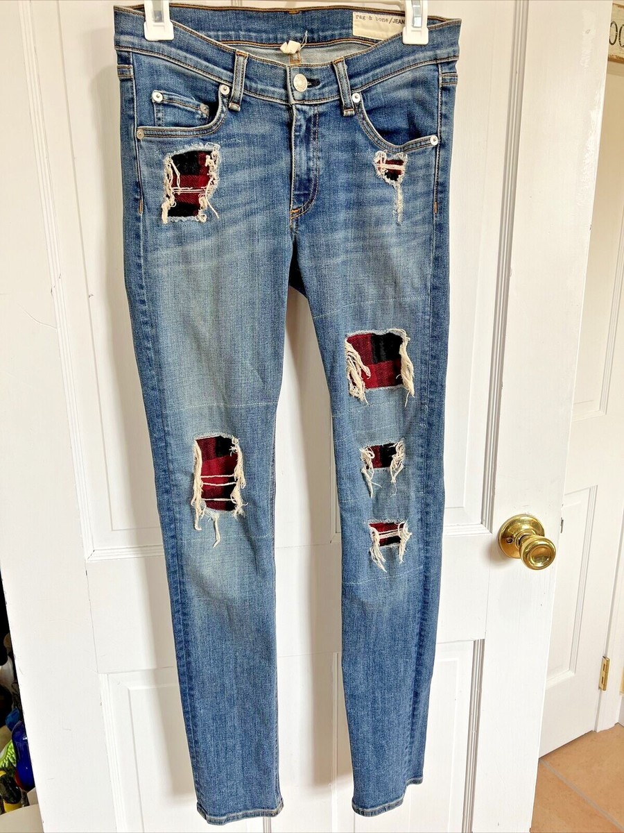 RAG AND BONE JEAN SKINNY DISTRESSED BUFFALO PLAID DENIM PANTS 27 RED BLACK