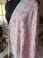 100 CASHMERE STOLE WHITE KASHMIRI CREWEL EMBROIDERED PASHMINA SOBRE SHAWL