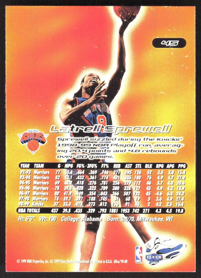 1439H 1999-00 Ultra #45 Latrell Sprewell - Image 2 of 2