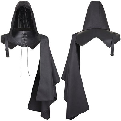 Medieval Cloak Halloween Cosplay Hooded Cape Stand Up Collar Tied Shawl