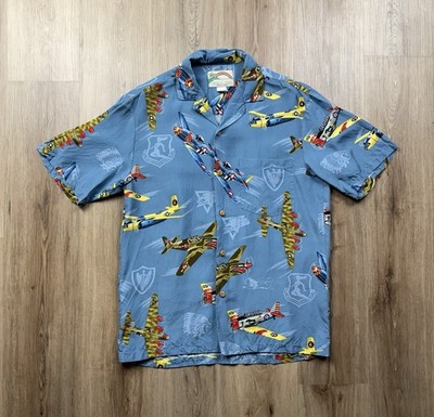 VINTAGE Paradise Found Rayon Aloha Hawaiian Shirt Size Medium Fighter Planes