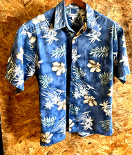 Pierre Cardin Hawaiian Shirt Mens Large Blue Short Sleeve Button Up