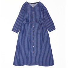 nest Robe Linen 100% Long Shirt Dress Striped Indigo dyed Excellent
