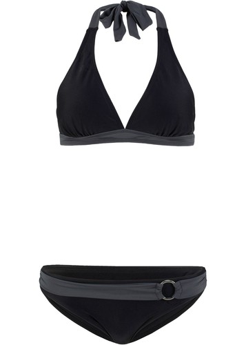 Neu Neckholder Bikini Set Gr. 40 Schwarz Grau Damen Bademode Schwimm-Bade-Top