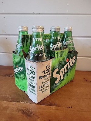 6-Pack 1-Liter Sprite Green Glass Bottle with Carrier 1970s Coca-Cola