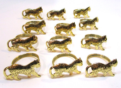 Set 12 Vintage Goldtone Steel Leopard Cat One Dozen Jungle Decor Napkin Rings