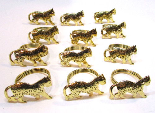 Set 12 Vintage Goldtone Steel Leopard Cat One Dozen Jungle Decor Napkin Rings