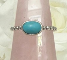 Turquoise Oval Gemstone Size 6 Ring 925 Stamped Sterling Silver Beaded Band New