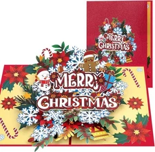 Pop Up Christmas Cards, Snowflake Flower Blossoms 6 inches x 7.9 inches, Red 
