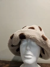 It's Faux Fur Fluffy Bucket Hat Brown Polka Dot Women