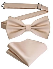 Mens Silk Champagne Bow Tie Pocket Square Set for Wedding Solid Plain Pre-tie...