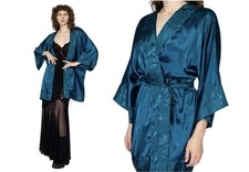 Vintage 90s Victorias Secret Gold Label Kimono Robe Peacock Blue Satin One Size